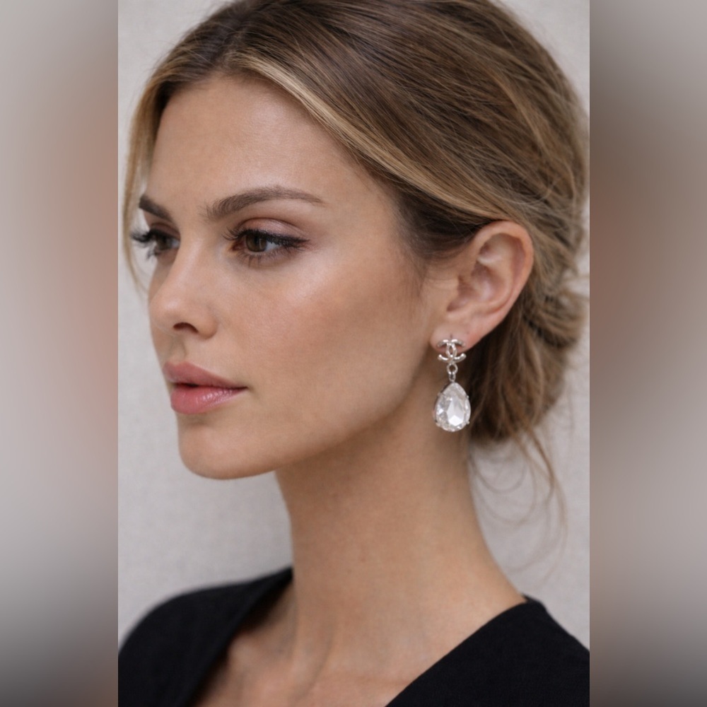 CHANEL Silver Teardrop Crystal Pierced Earrings